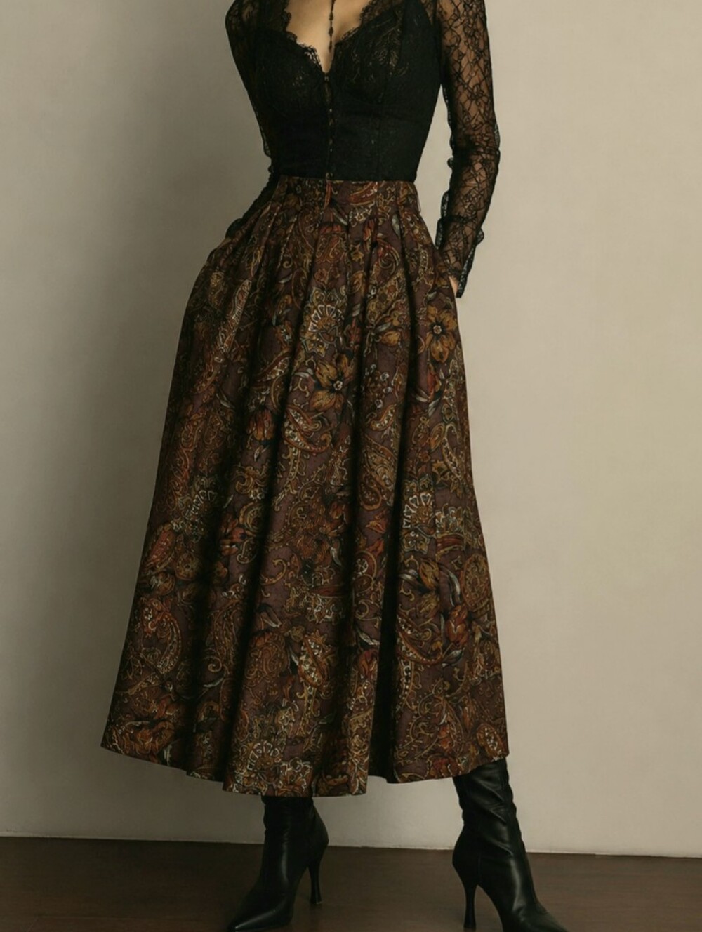 Whimsigoth Vintage Moody Floral Paisley Pleat Brown Burgundy Quiet Luxury Skirt